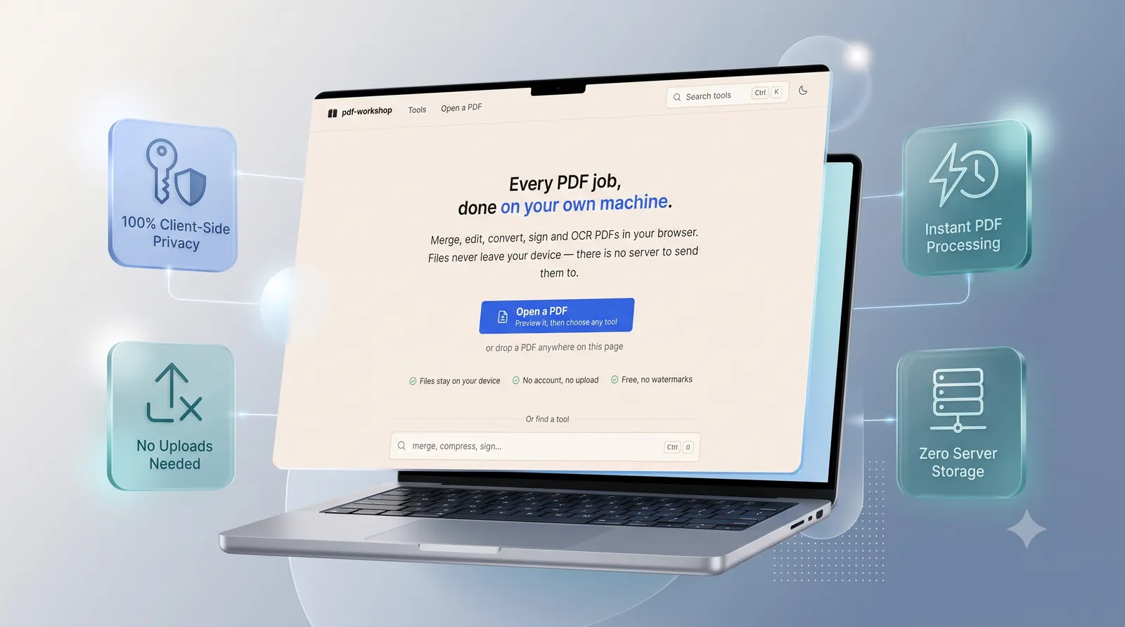 PDF Workshop home screen on a laptop: "Every PDF job, done on your own machine", with Open a PDF and tool search