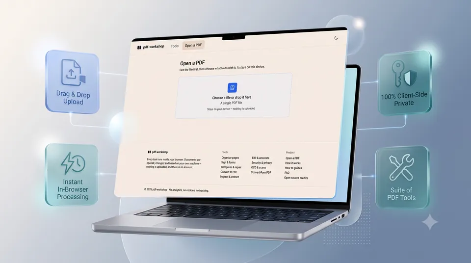 PDF Workshop Open a PDF screen with a drag-and-drop area, stating that the file stays on your device