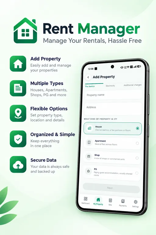 Rent Manager add property form with house, apartment, shop and PG types