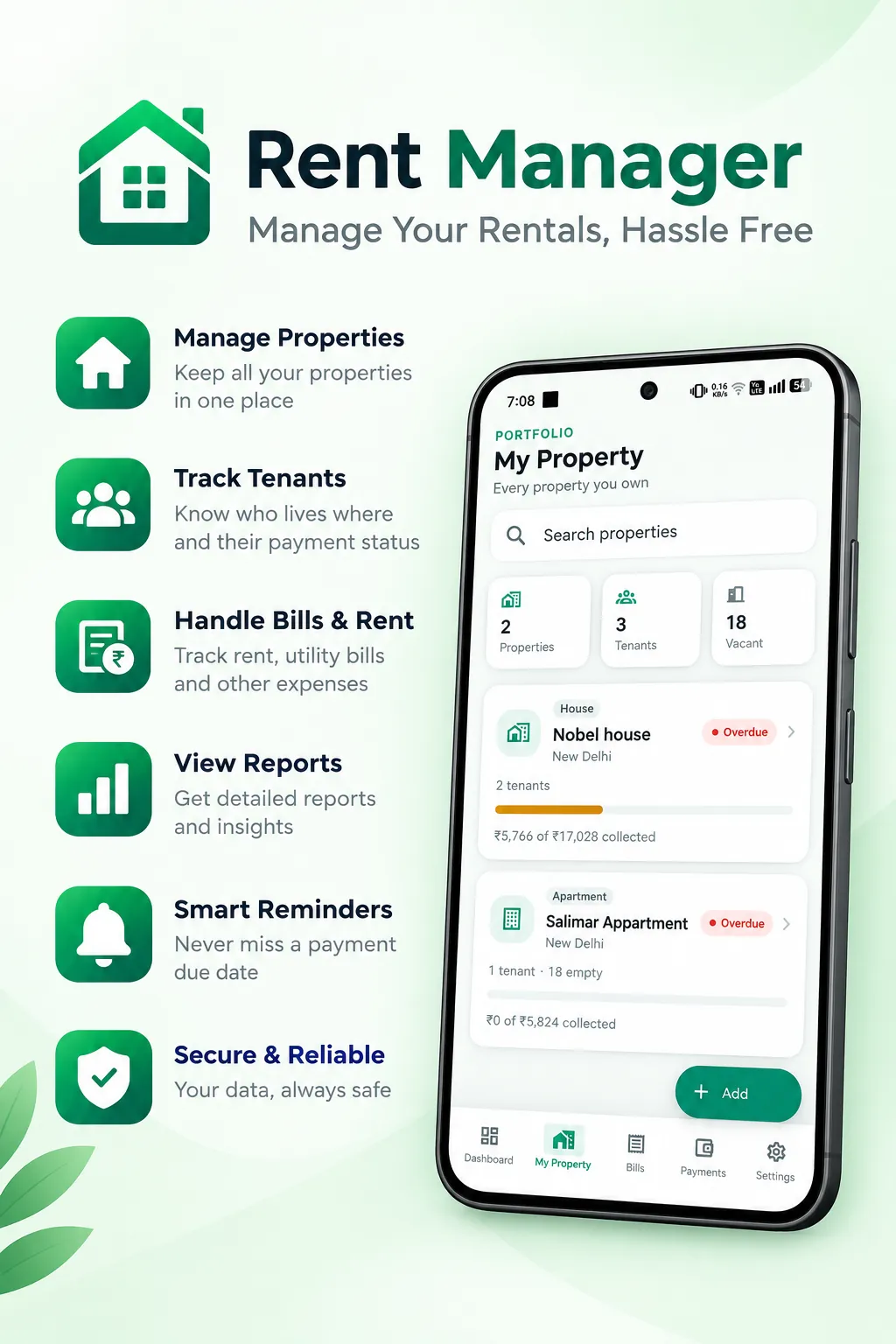 Rent Manager property portfolio listing properties with rent collected and overdue status