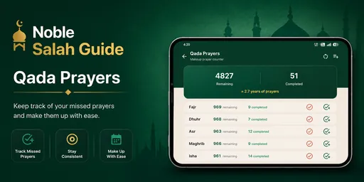 Noble Salah Guide Qada prayers counter screen