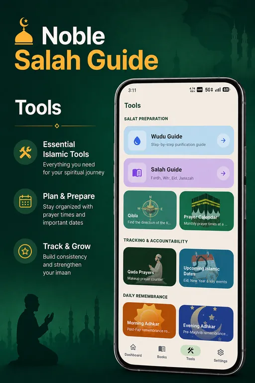 Noble Salah Guide tools screen with wudu guide, salah guide, Qibla, prayer calendar, Qada prayers and adhkar