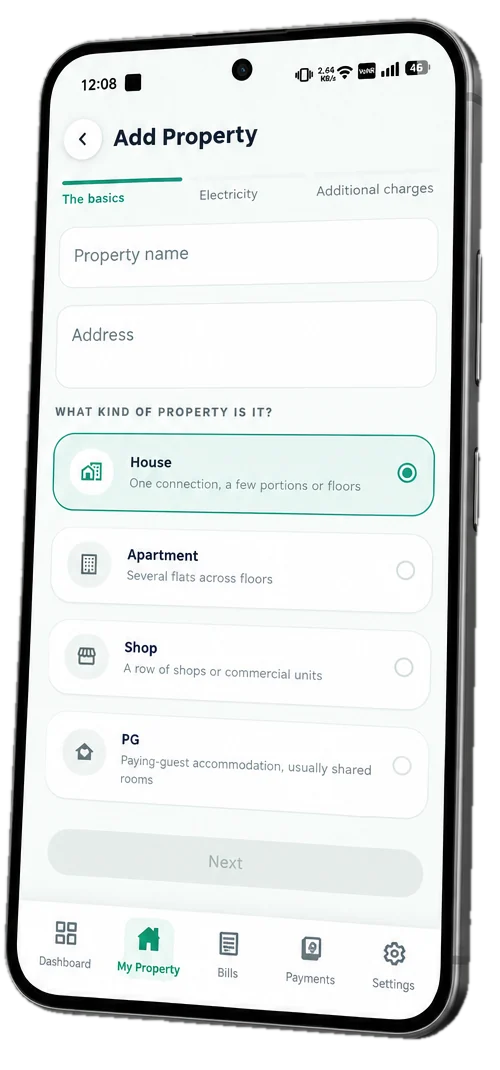 Rent Manager add property form with house, apartment, shop and PG types