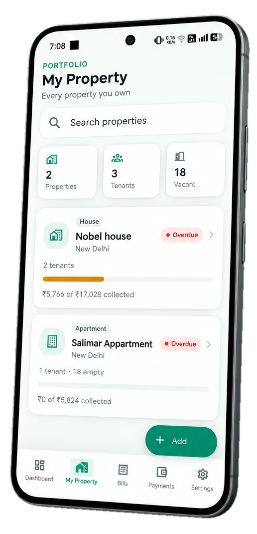 Rent Manager portfolio listing properties with rent collected and overdue status