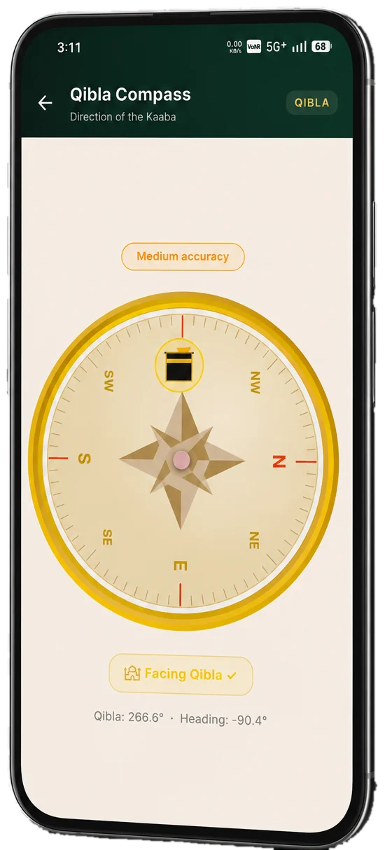 Noble Salah Guide Qibla compass pointing toward the Kaaba