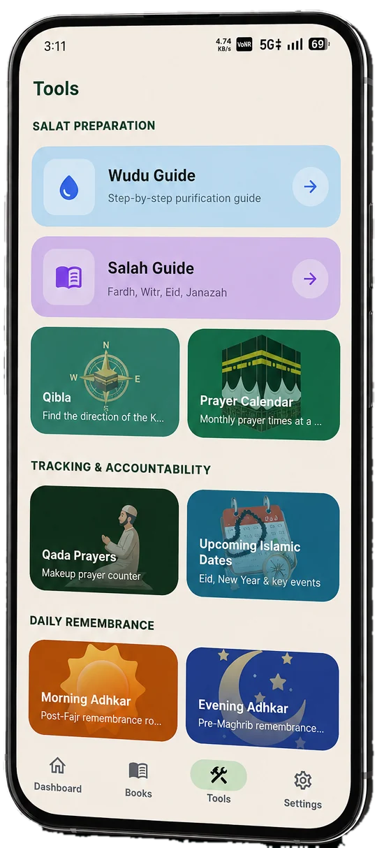 Noble Salah Guide tools tab with wudu guide, salah guide, Qibla, prayer calendar, Qada prayers and adhkar